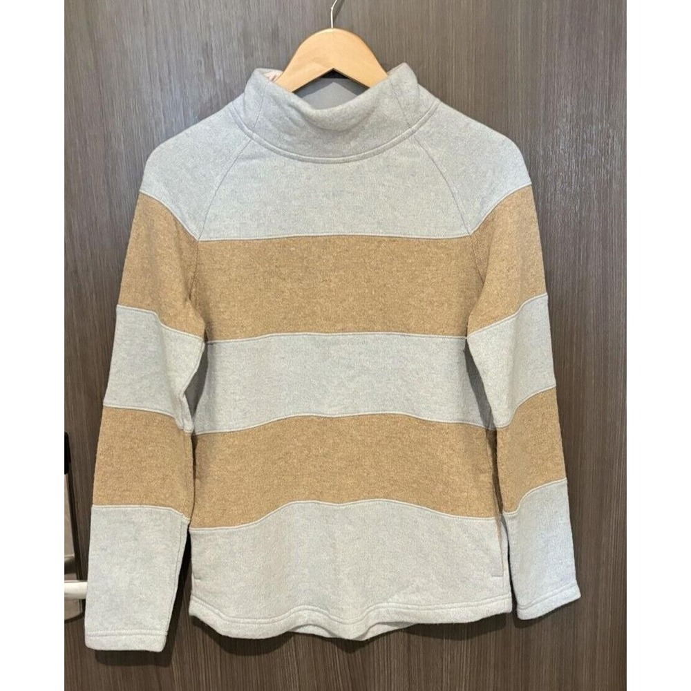 Prana Sweater Women's Small blue‎ Tan Wool Striped Pockets Mock Neck Pullover
